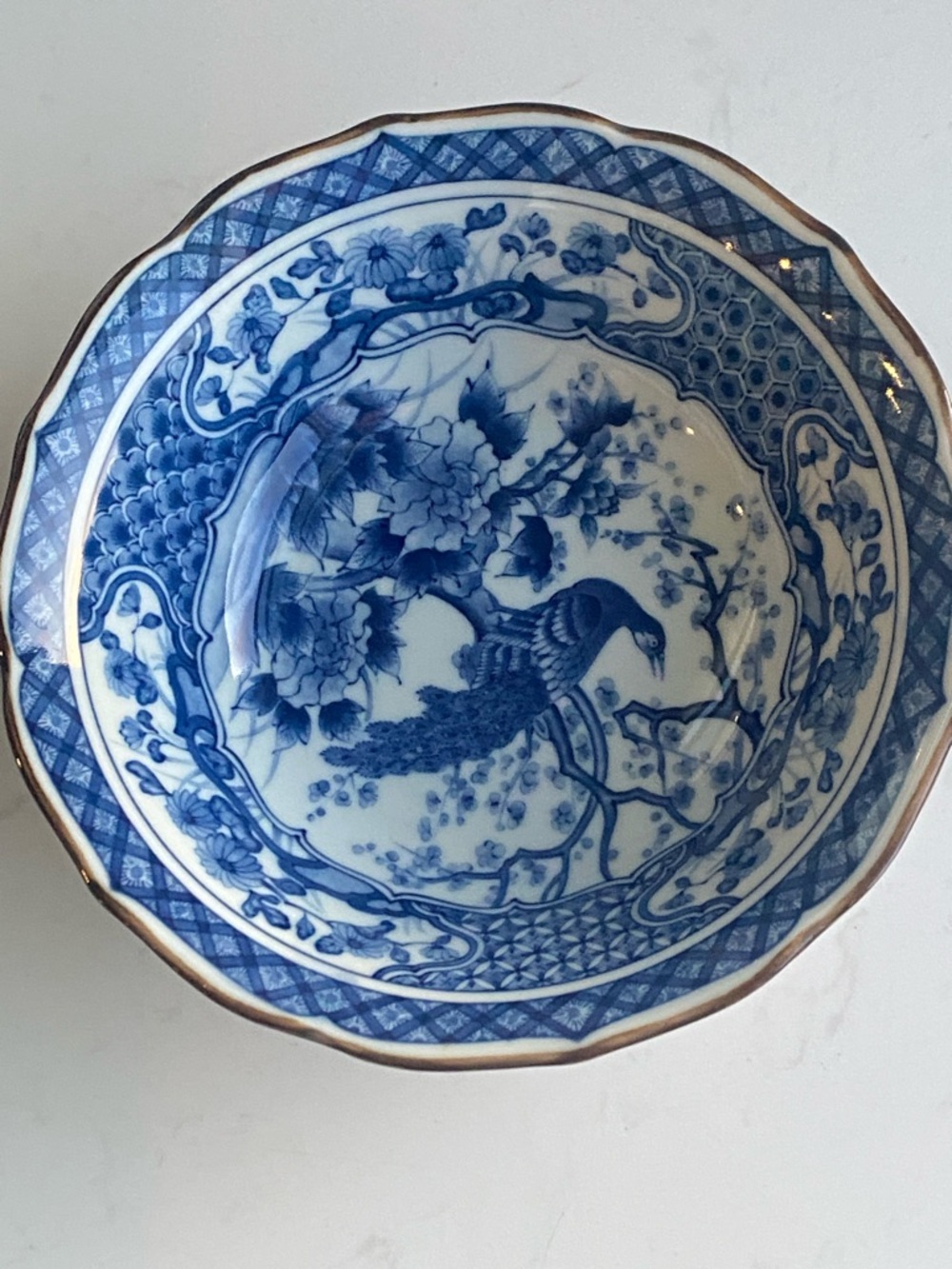 Andrea by Sadek Vintage Blue and White Peacock Design 7 1/2” Bowl - Picture 9 of 9